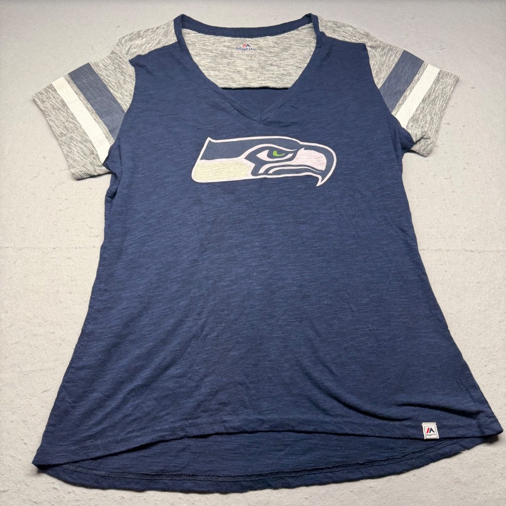 Majestic T-Shirt Womens Large Blue Seattle Seahawks V-Neck Fan Fashion Logo Top